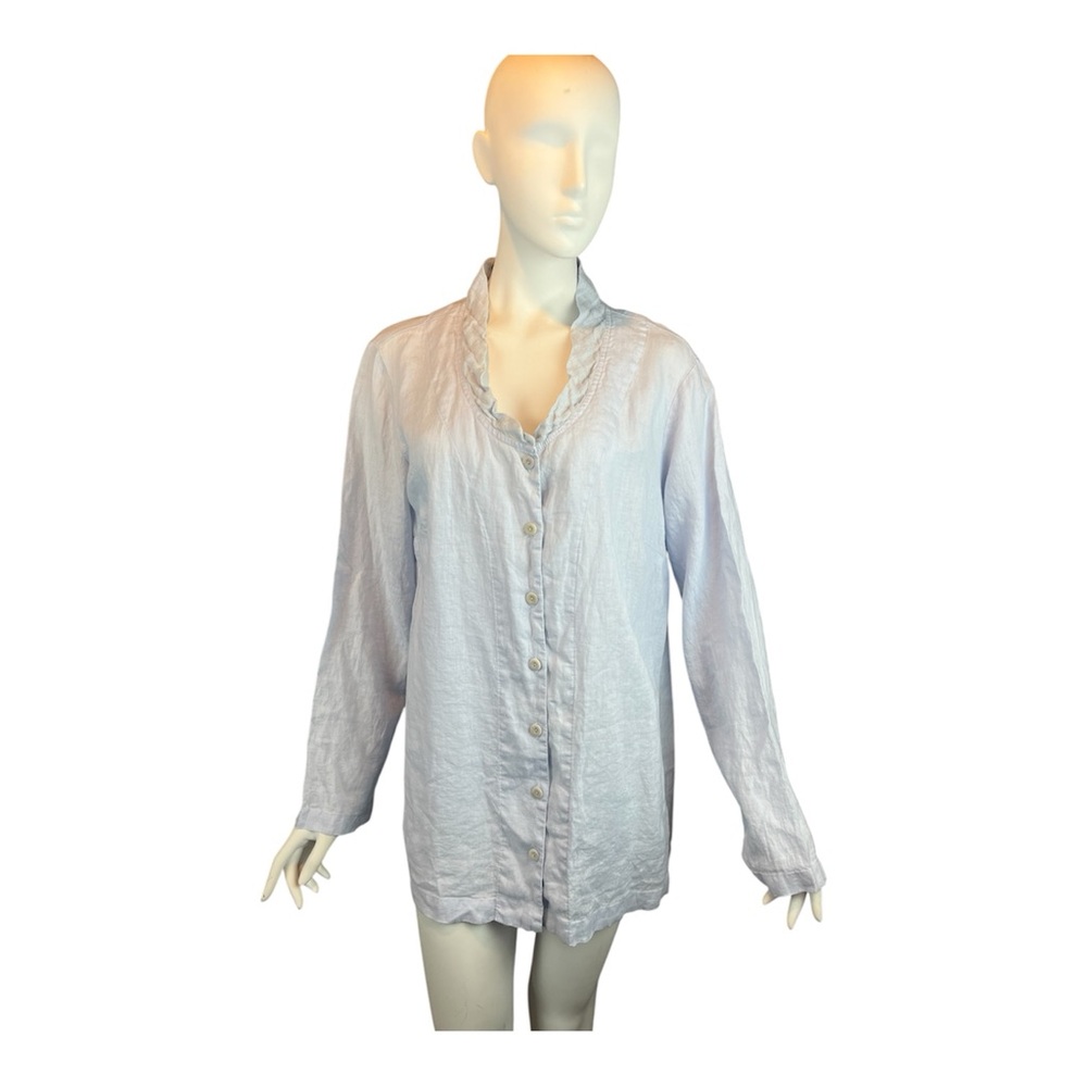 FLAX brand 100% Linen Blouse Blue Pastel Size Large Button Front Longline NWT